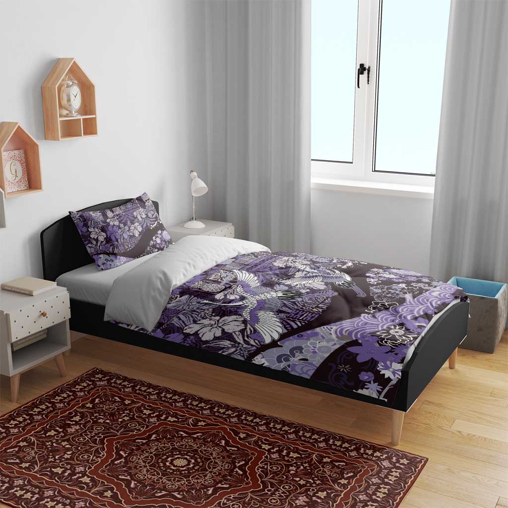 Japanese Hawaiian Crane Bedding Set Purple Tapa Patchwork Pattern LT9 - Polynesian Pride