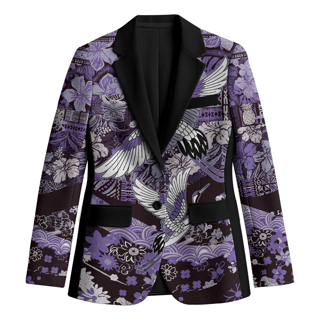 Japanese Hawaiian Crane Blazer Purple Tapa Patchwork Pattern LT9 Unisex Purple - Polynesian Pride