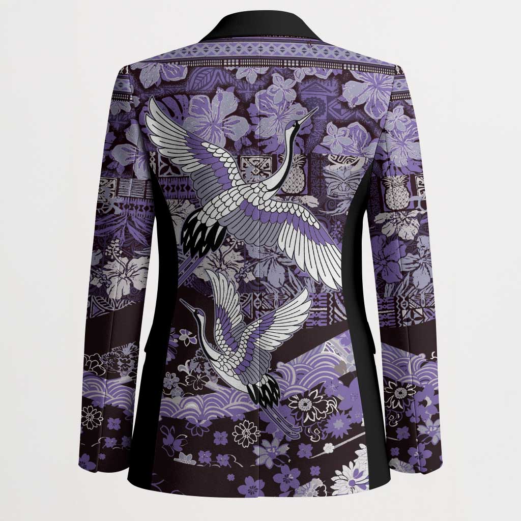 Japanese Hawaiian Crane Blazer Purple Tapa Patchwork Pattern LT9 - Polynesian Pride