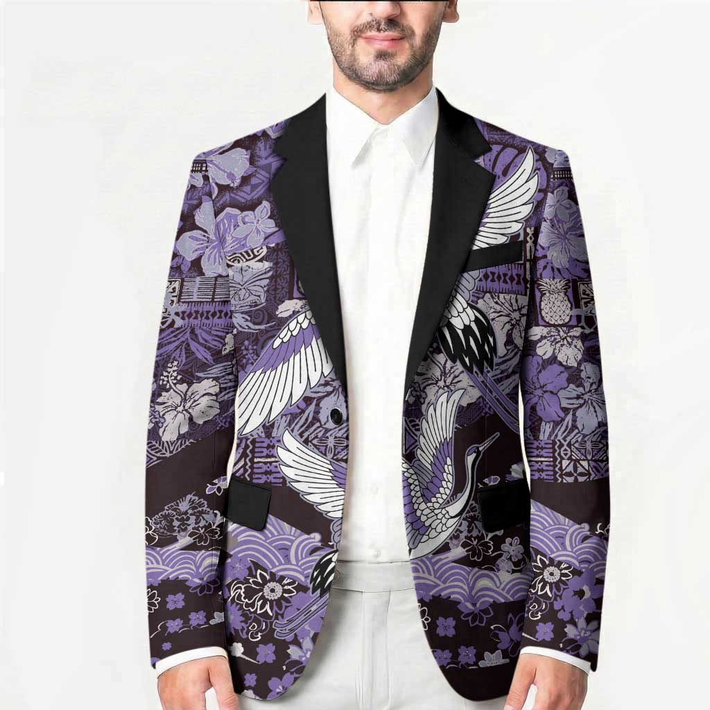Japanese Hawaiian Crane Blazer Purple Tapa Patchwork Pattern LT9 - Polynesian Pride