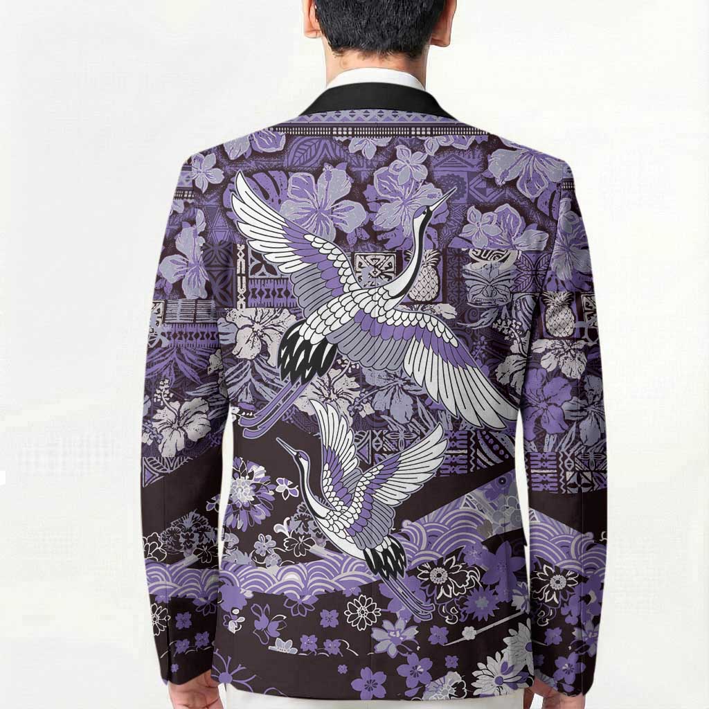 Japanese Hawaiian Crane Blazer Purple Tapa Patchwork Pattern LT9 - Polynesian Pride