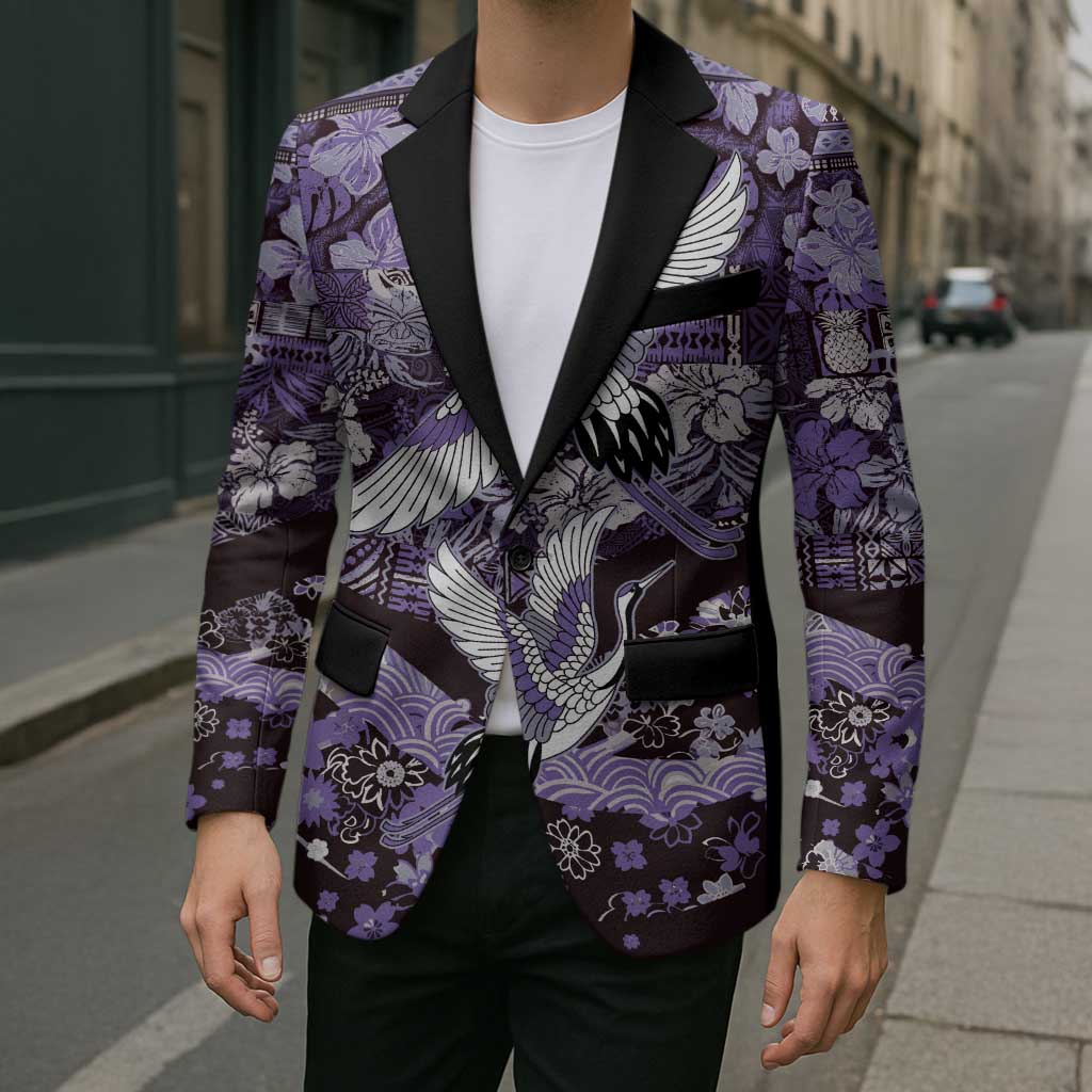 Japanese Hawaiian Crane Blazer Purple Tapa Patchwork Pattern LT9 - Polynesian Pride