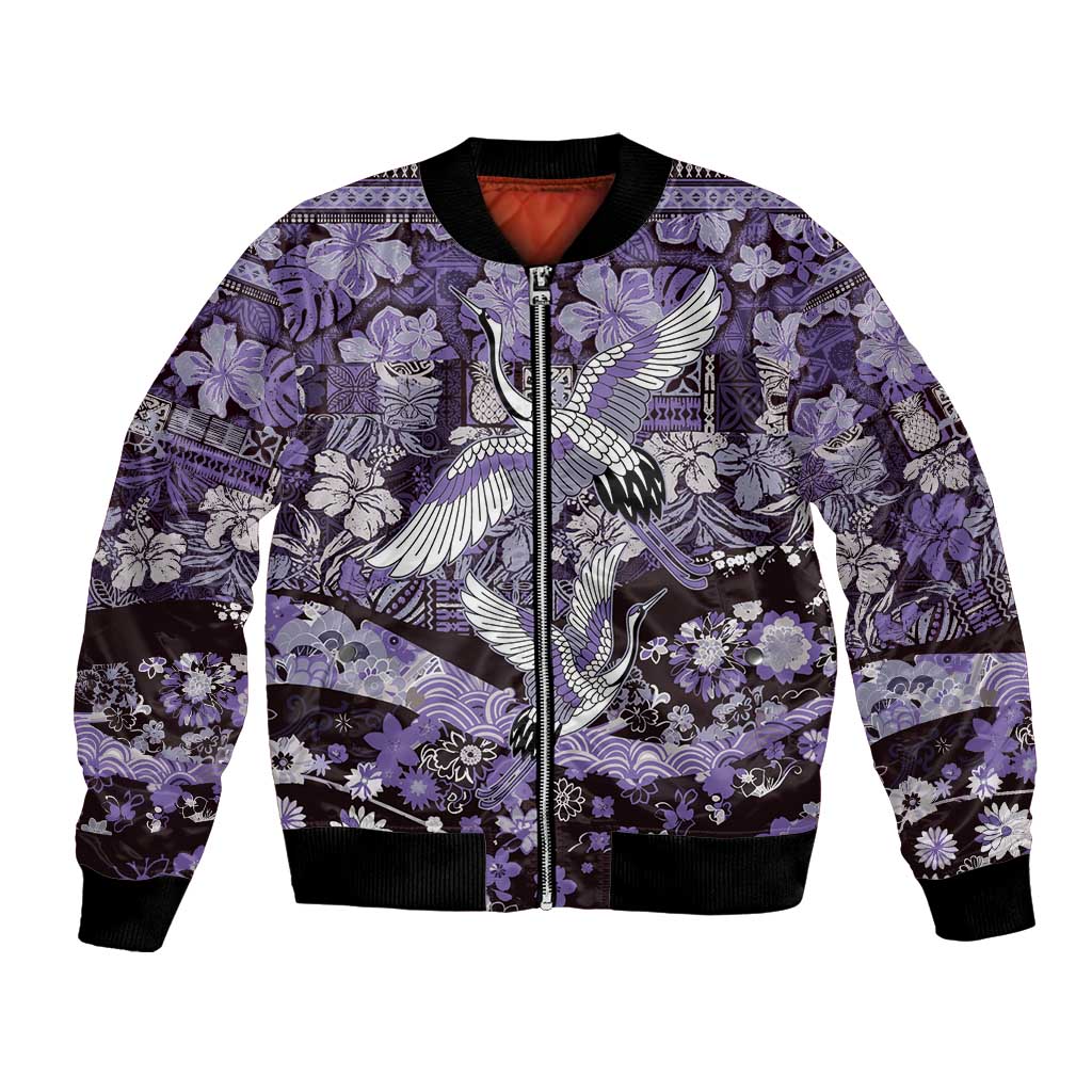 Japanese Hawaiian Crane Bomber Jacket Purple Tapa Patchwork Pattern LT9 Unisex Purple - Polynesian Pride