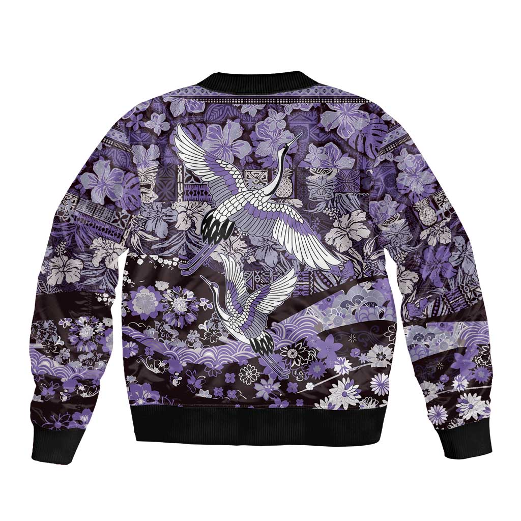 Japanese Hawaiian Crane Bomber Jacket Purple Tapa Patchwork Pattern LT9 - Polynesian Pride