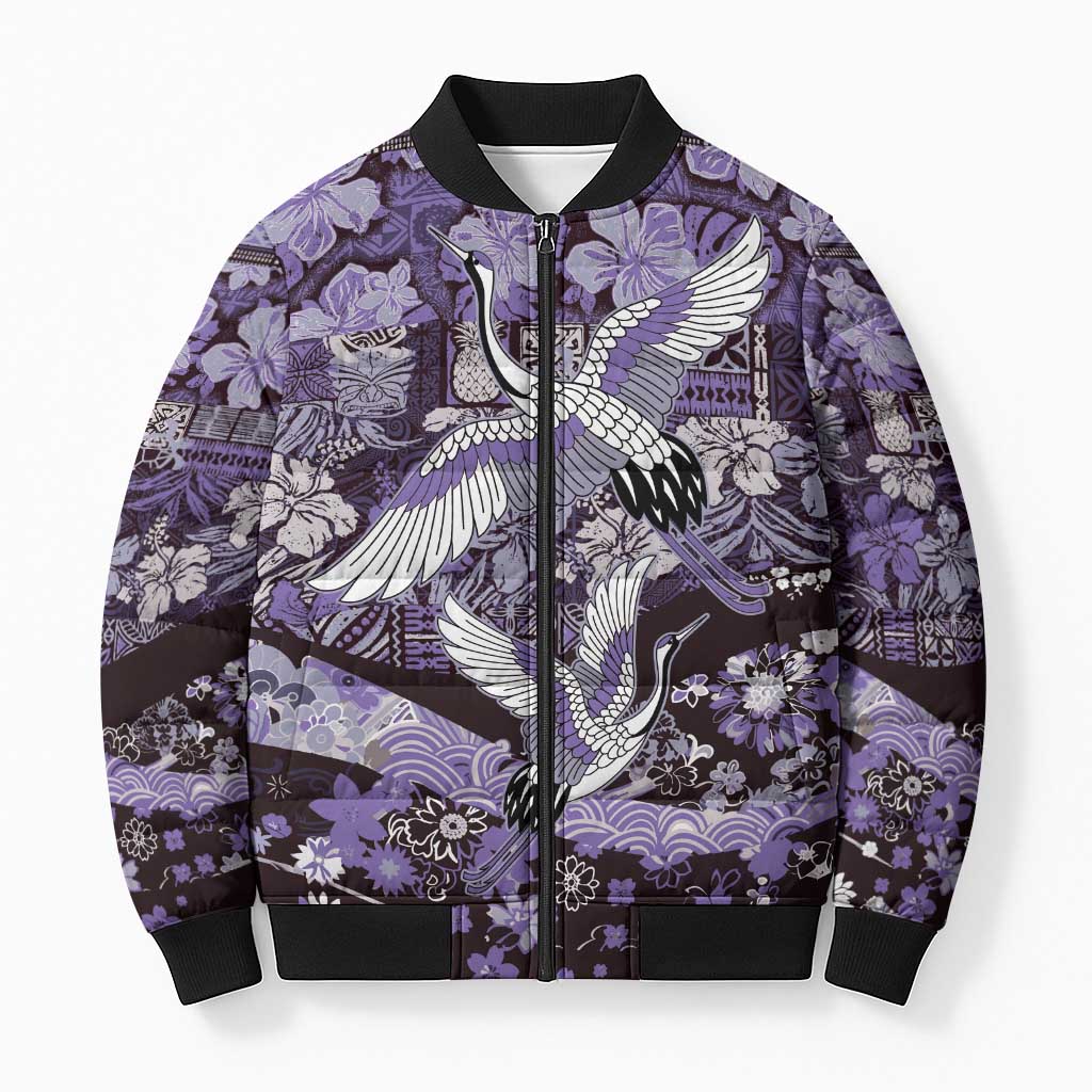Japanese Hawaiian Crane Bomber Puffer Jacket Purple Tapa Patchwork Pattern LT9 Unisex Purple - Polynesian Pride