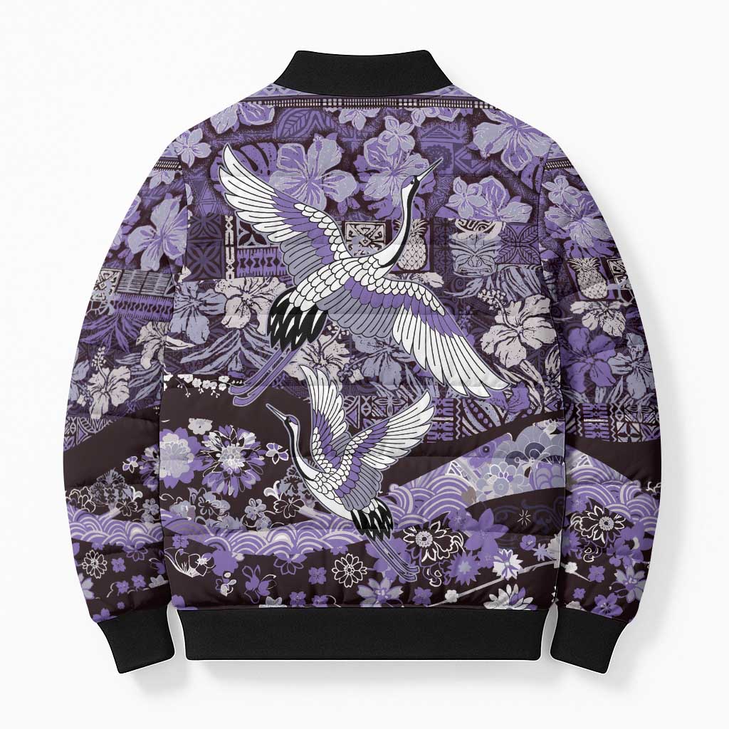 Japanese Hawaiian Crane Bomber Puffer Jacket Purple Tapa Patchwork Pattern LT9 - Polynesian Pride