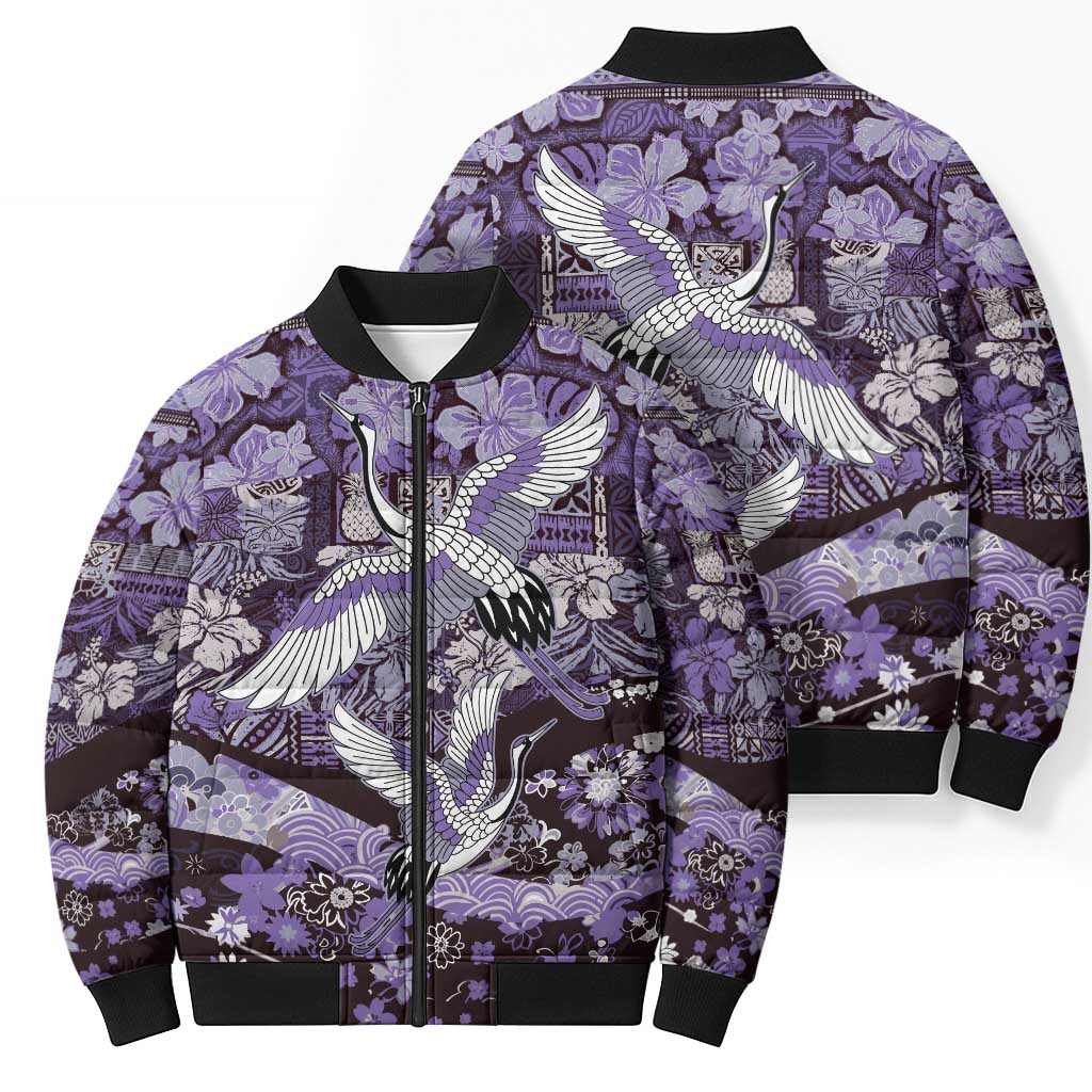 Japanese Hawaiian Crane Bomber Puffer Jacket Purple Tapa Patchwork Pattern LT9 - Polynesian Pride