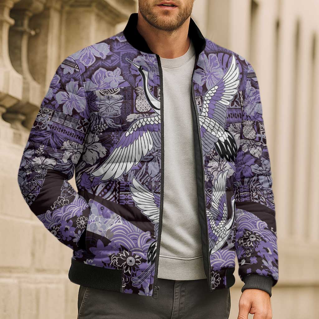 Japanese Hawaiian Crane Bomber Puffer Jacket Purple Tapa Patchwork Pattern LT9 - Polynesian Pride
