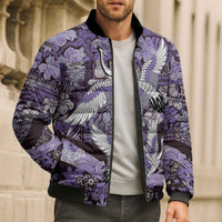 Japanese Hawaiian Crane Bomber Puffer Jacket Purple Tapa Patchwork Pattern LT9 - Polynesian Pride