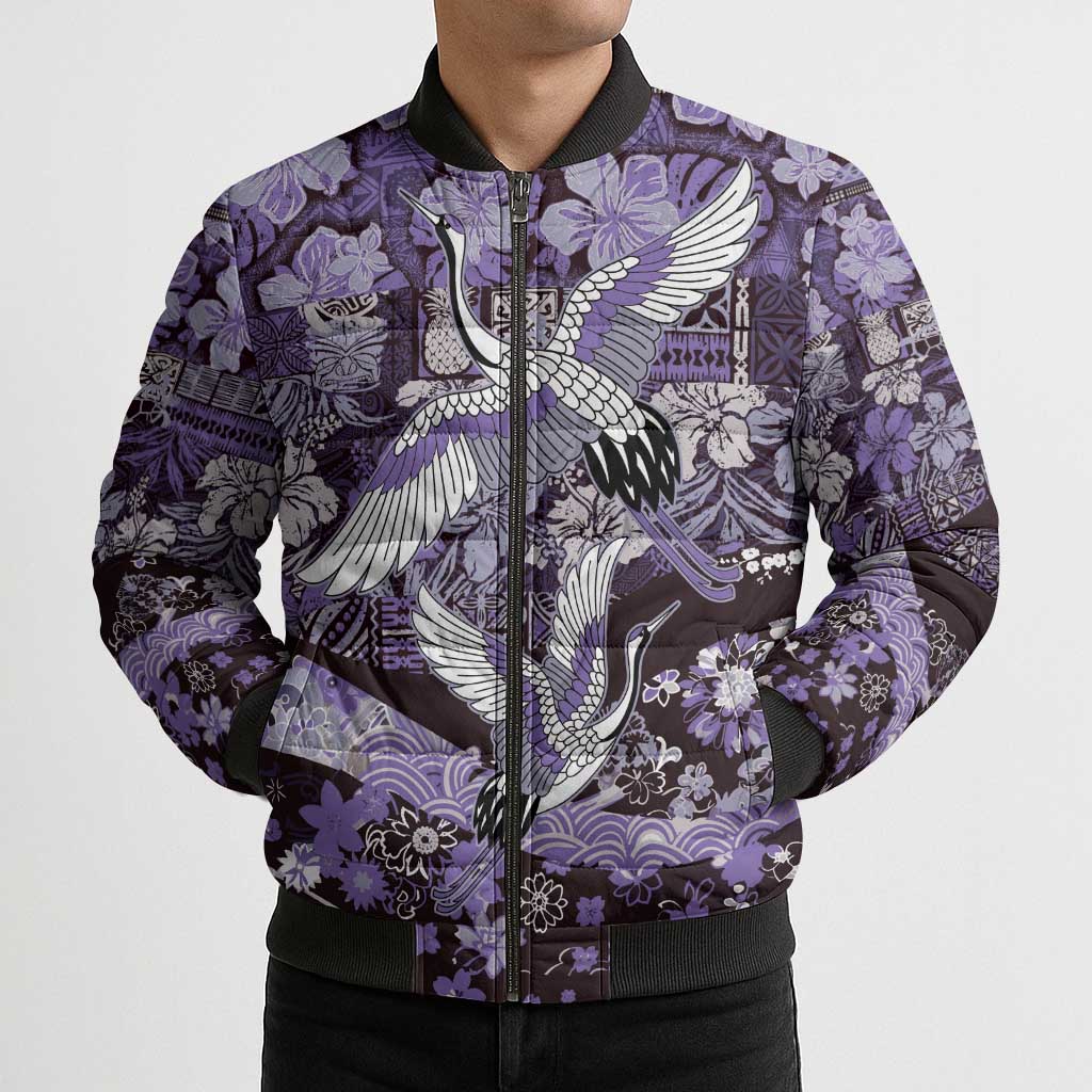 Japanese Hawaiian Crane Bomber Puffer Jacket Purple Tapa Patchwork Pattern LT9 - Polynesian Pride
