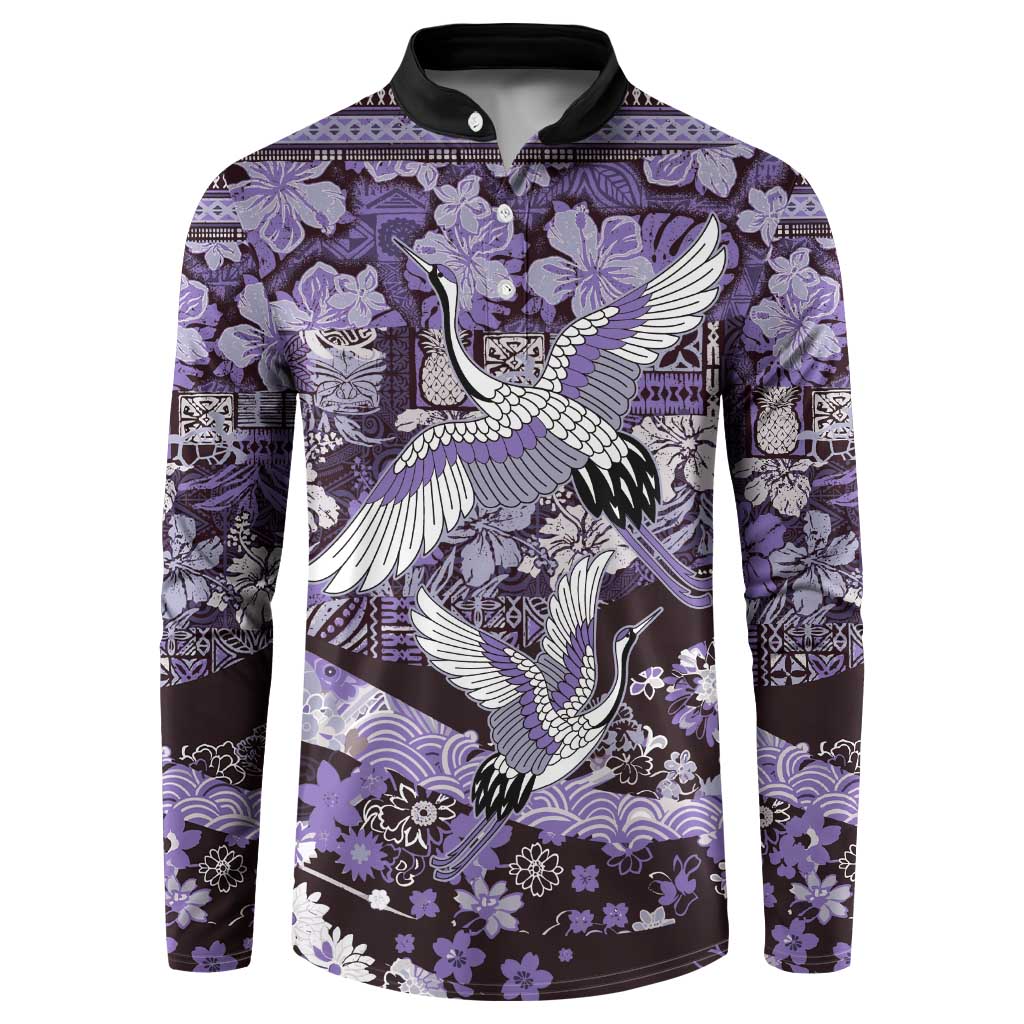 Japanese Hawaiian Crane Button Sweatshirt Purple Tapa Patchwork Pattern LT9 Purple - Polynesian Pride