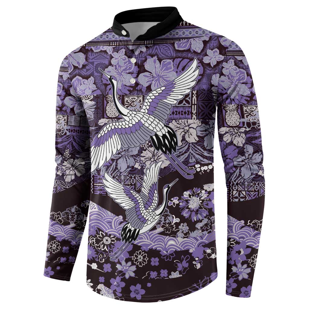 Japanese Hawaiian Crane Button Sweatshirt Purple Tapa Patchwork Pattern LT9 - Polynesian Pride