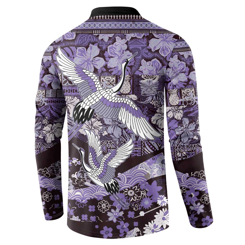 Japanese Hawaiian Crane Button Sweatshirt Purple Tapa Patchwork Pattern LT9 - Polynesian Pride