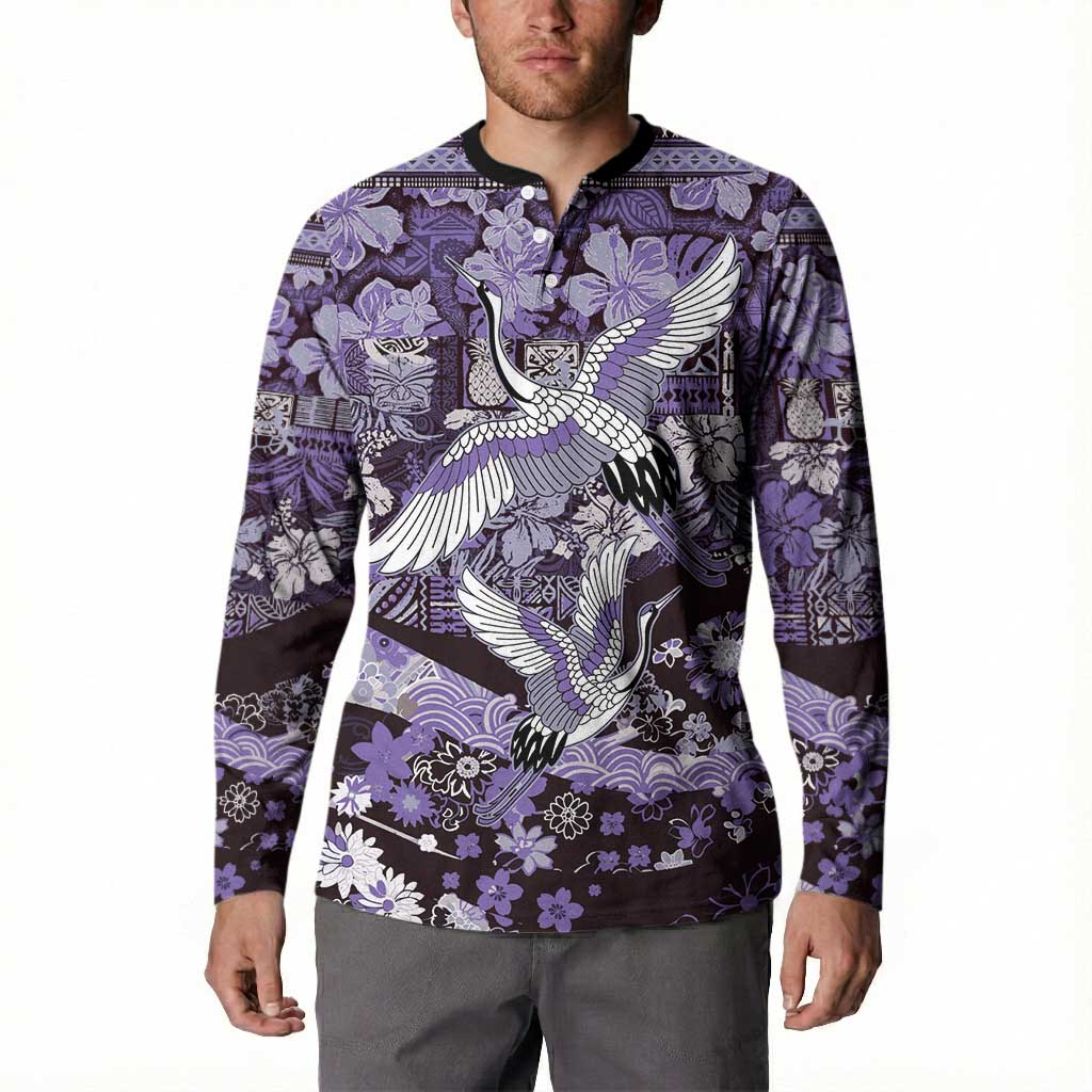 Japanese Hawaiian Crane Button Sweatshirt Purple Tapa Patchwork Pattern LT9 - Polynesian Pride