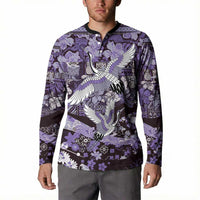 Japanese Hawaiian Crane Button Sweatshirt Purple Tapa Patchwork Pattern LT9 - Polynesian Pride