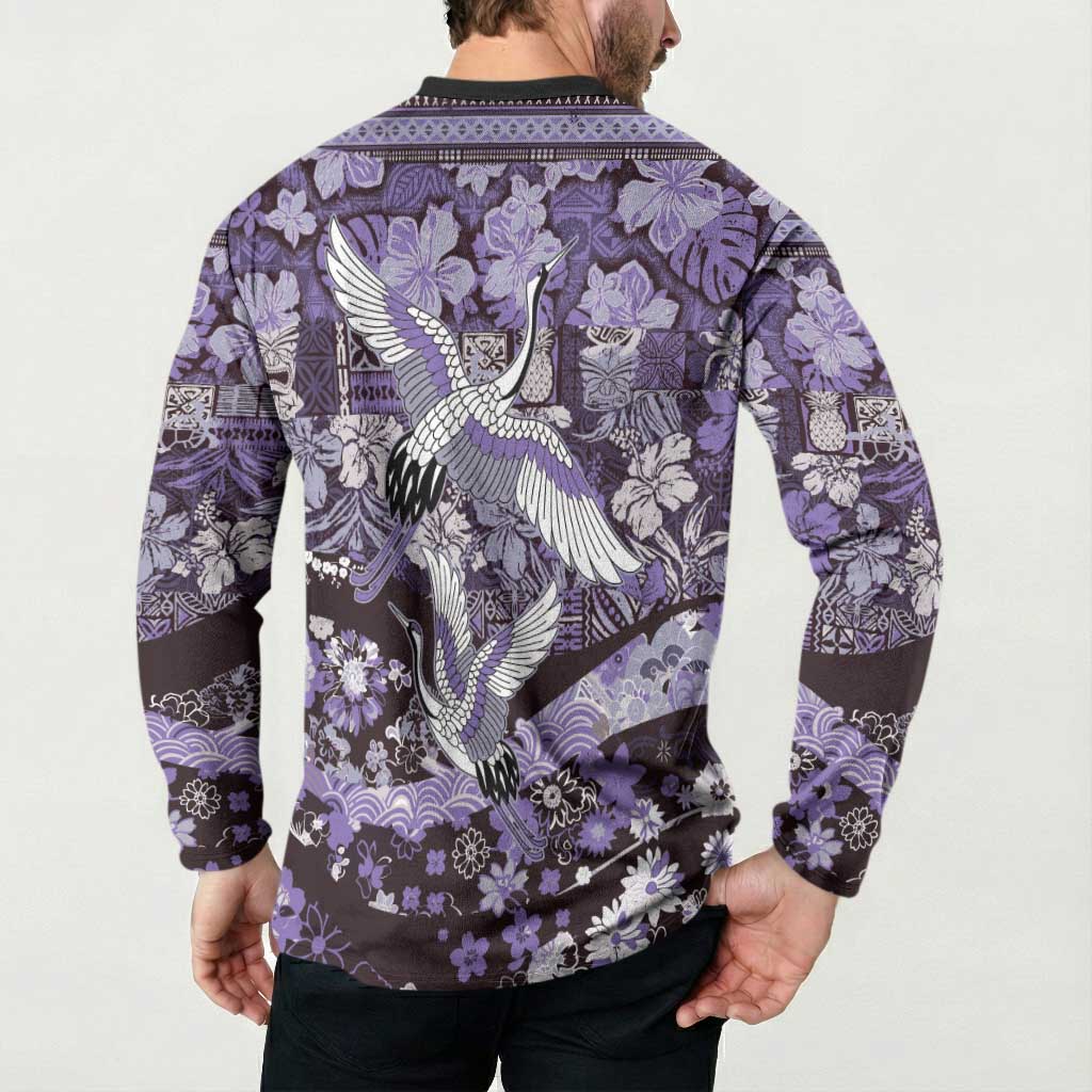 Japanese Hawaiian Crane Button Sweatshirt Purple Tapa Patchwork Pattern LT9 - Polynesian Pride