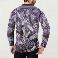 Japanese Hawaiian Crane Button Sweatshirt Purple Tapa Patchwork Pattern LT9 - Polynesian Pride