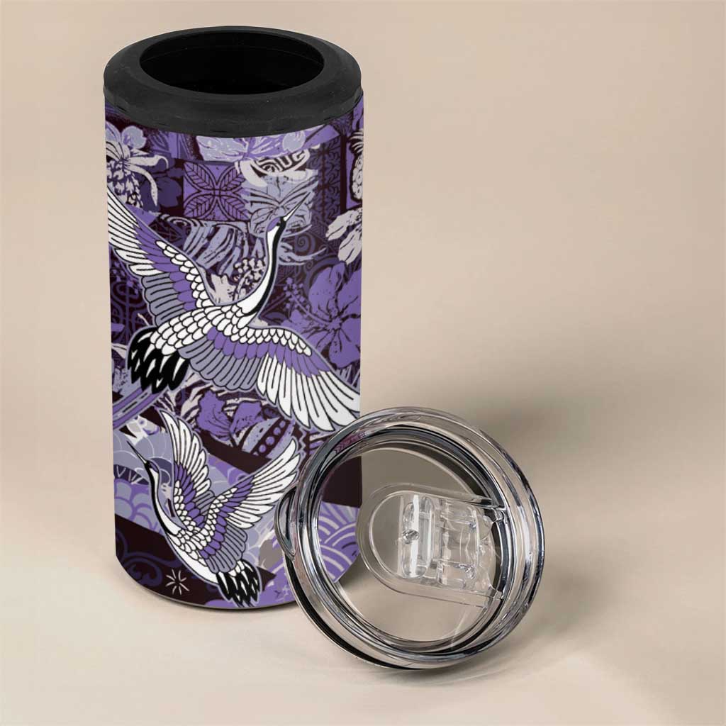Japanese Hawaiian Crane 4 in 1 Can Cooler Tumbler Purple Tapa Patchwork Pattern LT9 - Polynesian Pride