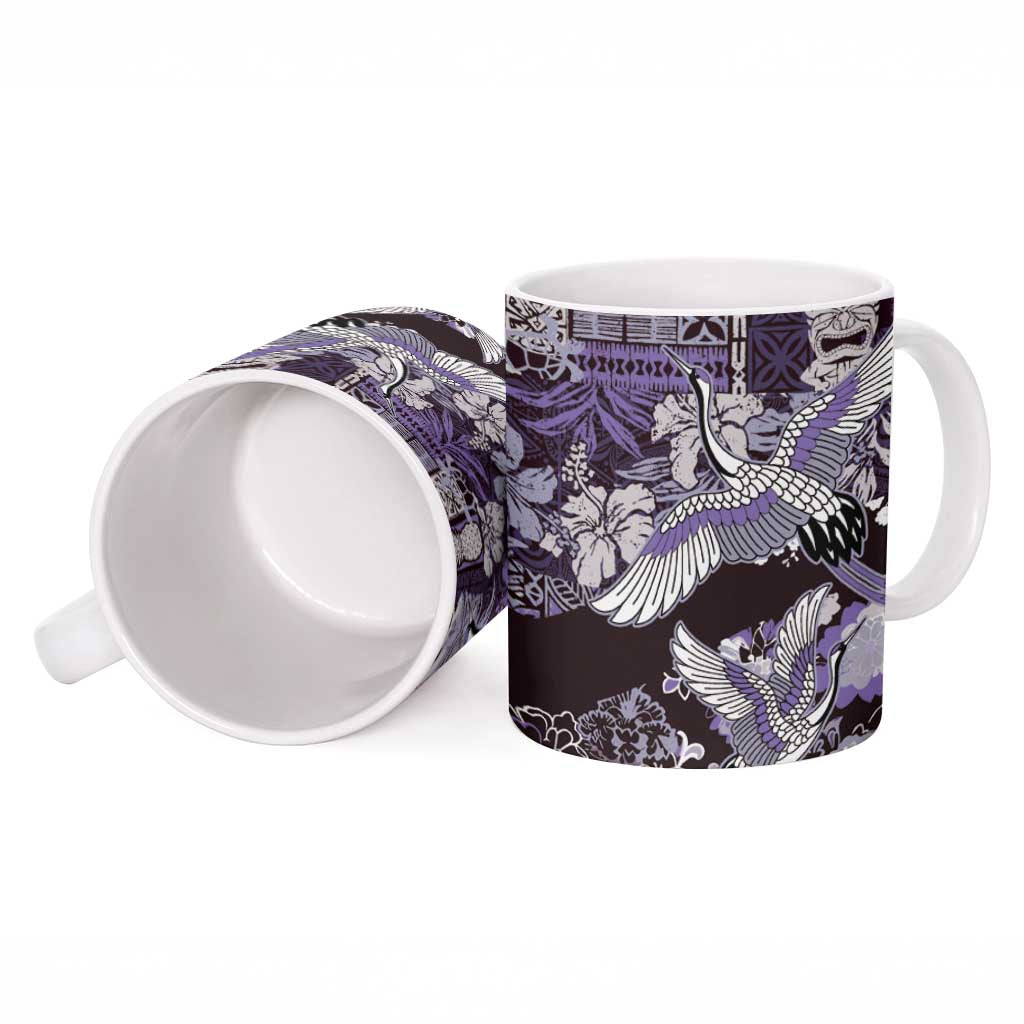 Japanese Hawaiian Crane Ceramic Mug Purple Tapa Patchwork Pattern LT9 - Polynesian Pride