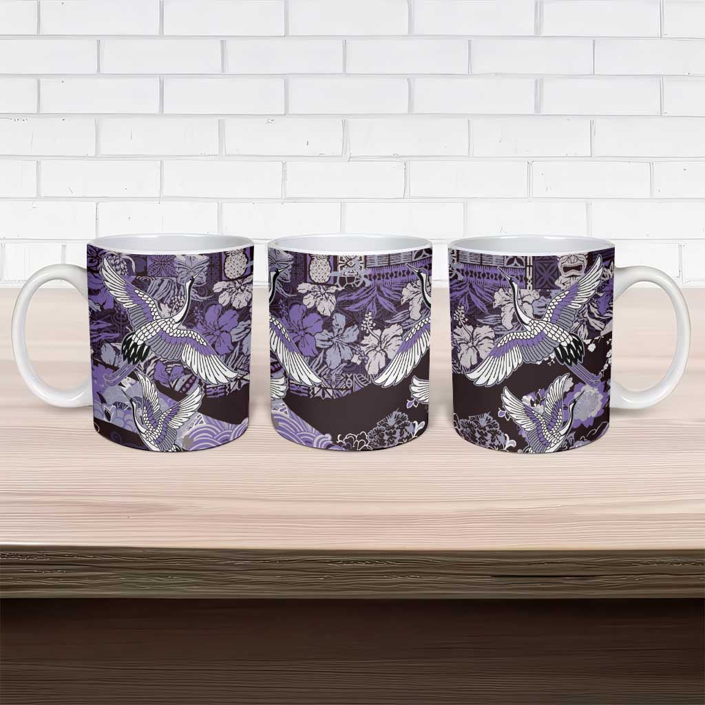 Japanese Hawaiian Crane Ceramic Mug Purple Tapa Patchwork Pattern LT9 - Polynesian Pride