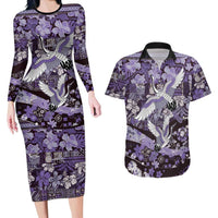 Japanese Hawaiian Crane Couples Matching Long Sleeve Bodycon Dress and Hawaiian Shirt Purple Tapa Patchwork Pattern LT9 Purple - Polynesian Pride