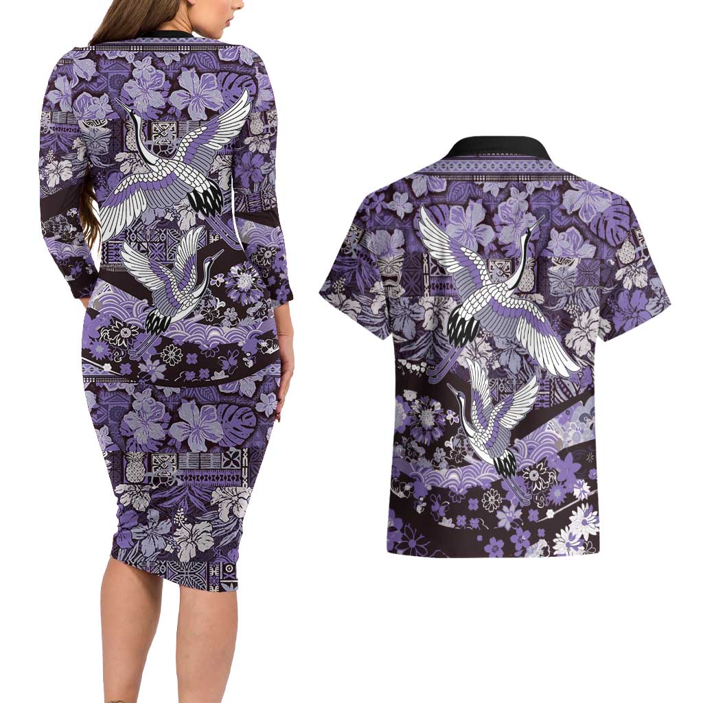 Japanese Hawaiian Crane Couples Matching Long Sleeve Bodycon Dress and Hawaiian Shirt Purple Tapa Patchwork Pattern LT9 - Polynesian Pride