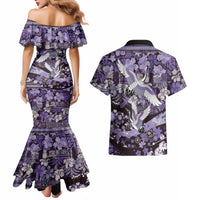 Japanese Hawaiian Crane Couples Matching Mermaid Dress and Hawaiian Shirt Purple Tapa Patchwork Pattern LT9 - Polynesian Pride