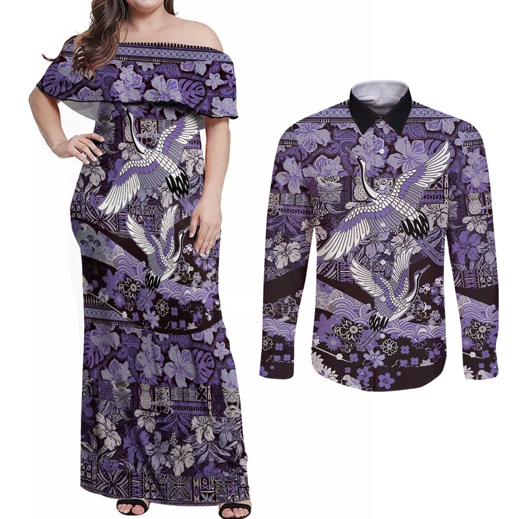 Japanese Hawaiian Crane Couples Matching Off Shoulder Maxi Dress and Long Sleeve Button Shirt Purple Tapa Patchwork Pattern LT9 Purple - Polynesian Pride