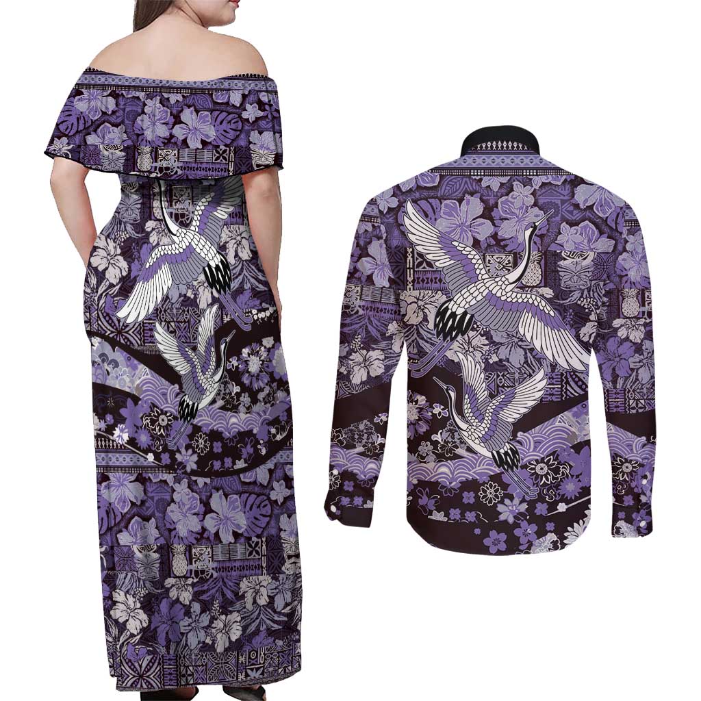 Japanese Hawaiian Crane Couples Matching Off Shoulder Maxi Dress and Long Sleeve Button Shirt Purple Tapa Patchwork Pattern LT9 - Polynesian Pride