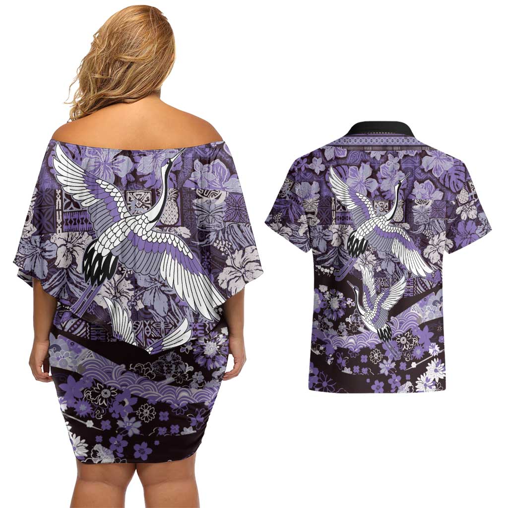 Japanese Hawaiian Crane Couples Matching Off Shoulder Short Dress and Hawaiian Shirt Purple Tapa Patchwork Pattern LT9 - Polynesian Pride