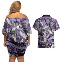 Japanese Hawaiian Crane Couples Matching Off Shoulder Short Dress and Hawaiian Shirt Purple Tapa Patchwork Pattern LT9 - Polynesian Pride