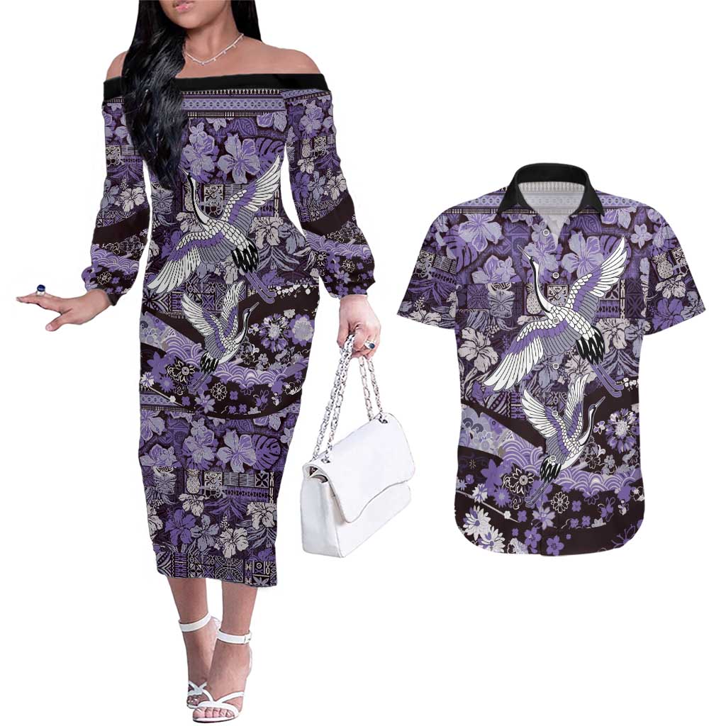 Japanese Hawaiian Crane Couples Matching Off The Shoulder Long Sleeve Dress and Hawaiian Shirt Purple Tapa Patchwork Pattern LT9 Purple - Polynesian Pride
