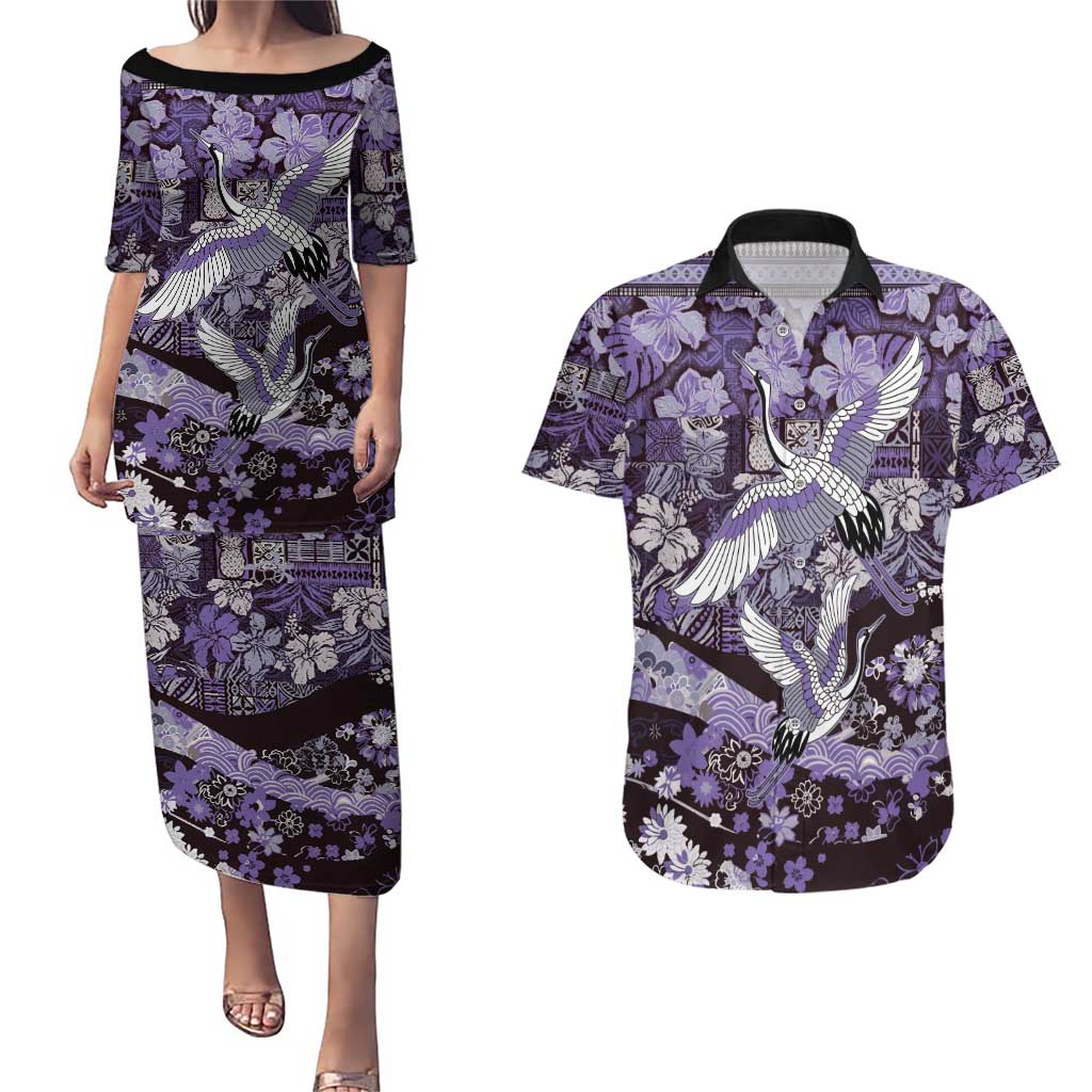Japanese Hawaiian Crane Couples Matching Puletasi and Hawaiian Shirt Purple Tapa Patchwork Pattern LT9 Purple - Polynesian Pride