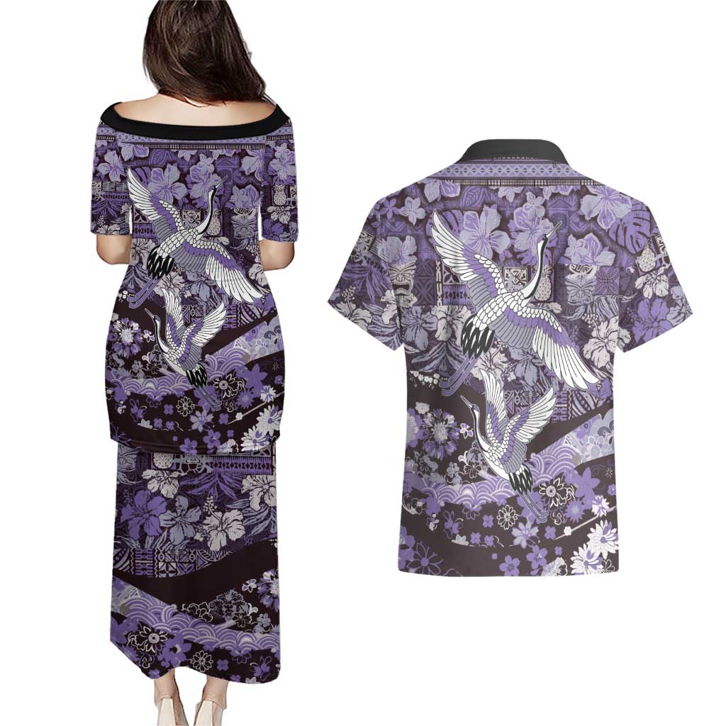 Japanese Hawaiian Crane Couples Matching Puletasi and Hawaiian Shirt Purple Tapa Patchwork Pattern LT9 - Polynesian Pride
