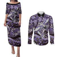 Japanese Hawaiian Crane Couples Matching Puletasi and Long Sleeve Button Shirt Purple Tapa Patchwork Pattern LT9 Purple - Polynesian Pride