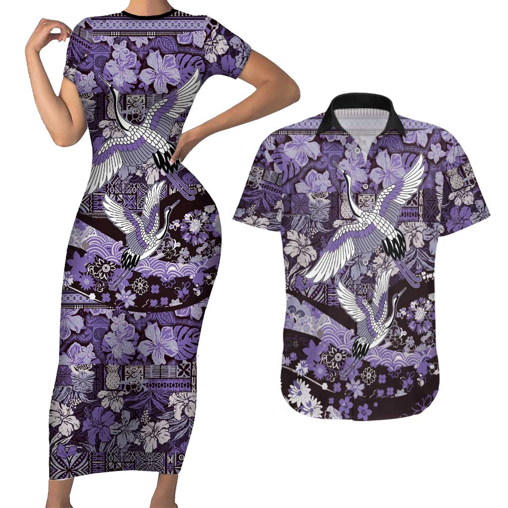 Japanese Hawaiian Crane Couples Matching Short Sleeve Bodycon Dress and Hawaiian Shirt Purple Tapa Patchwork Pattern LT9 Purple - Polynesian Pride
