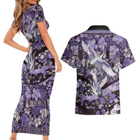 Japanese Hawaiian Crane Couples Matching Short Sleeve Bodycon Dress and Hawaiian Shirt Purple Tapa Patchwork Pattern LT9 - Polynesian Pride
