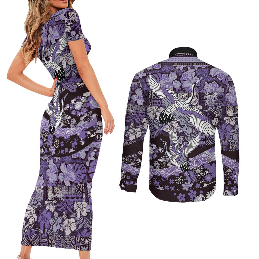 Japanese Hawaiian Crane Couples Matching Short Sleeve Bodycon Dress and Long Sleeve Button Shirt Purple Tapa Patchwork Pattern LT9 - Polynesian Pride