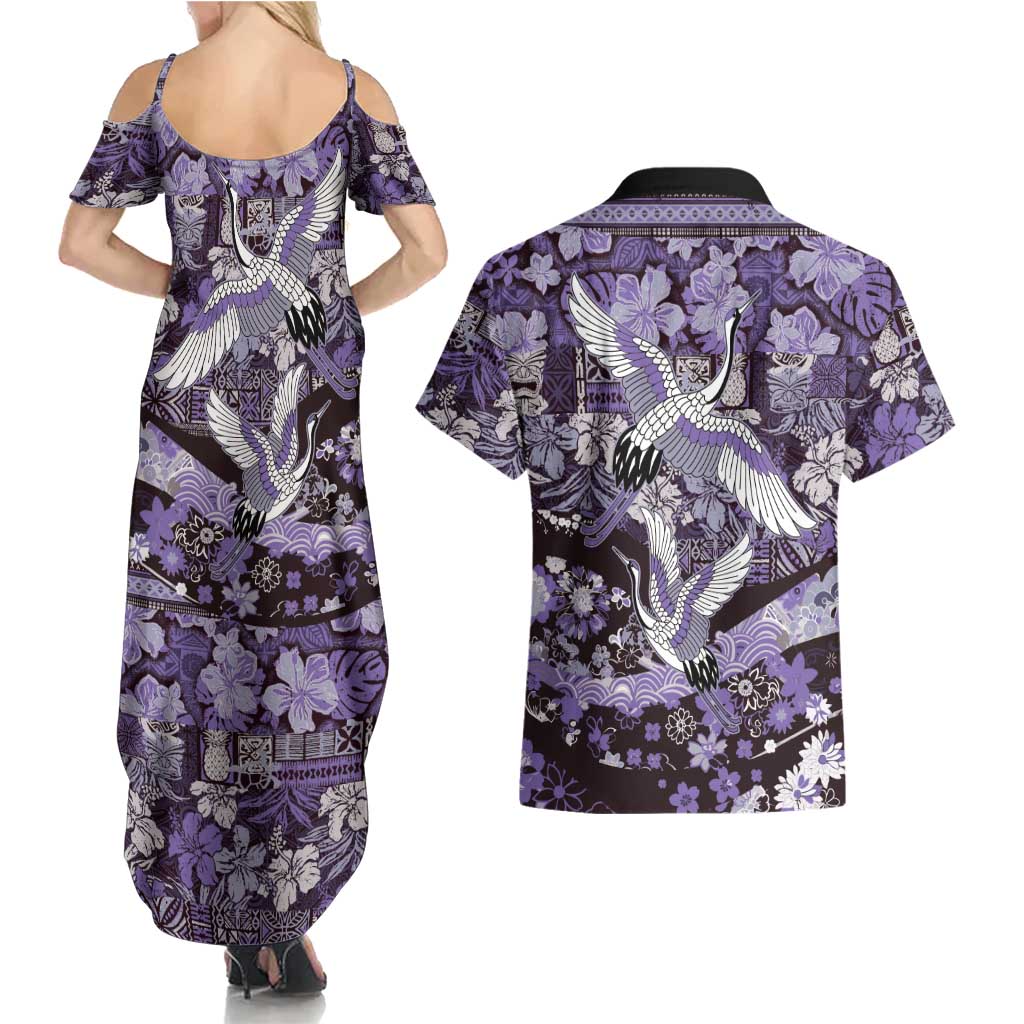 Japanese Hawaiian Crane Couples Matching Summer Maxi Dress and Hawaiian Shirt Purple Tapa Patchwork Pattern LT9 - Polynesian Pride