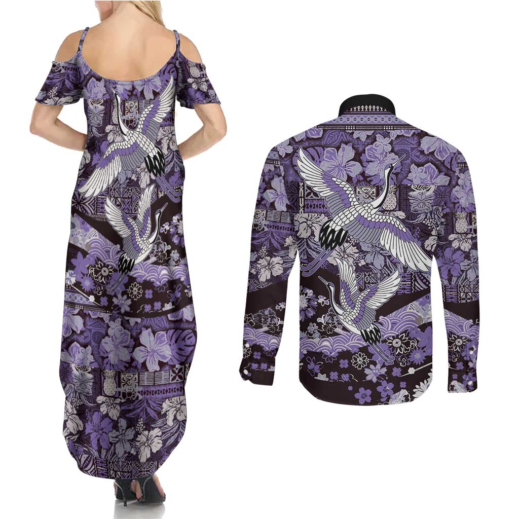 Japanese Hawaiian Crane Couples Matching Summer Maxi Dress and Long Sleeve Button Shirt Purple Tapa Patchwork Pattern LT9 - Polynesian Pride
