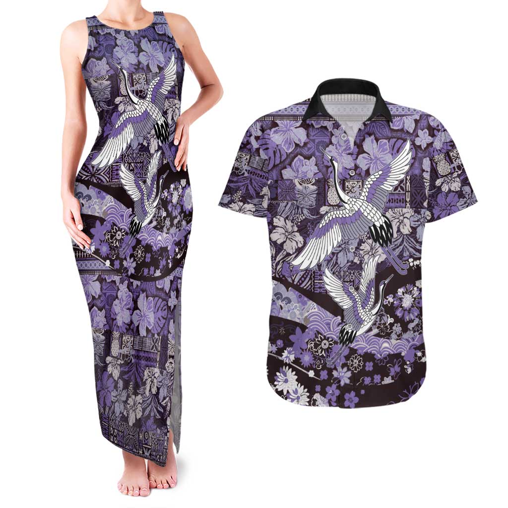 Japanese Hawaiian Crane Couples Matching Tank Maxi Dress and Hawaiian Shirt Purple Tapa Patchwork Pattern LT9 Purple - Polynesian Pride