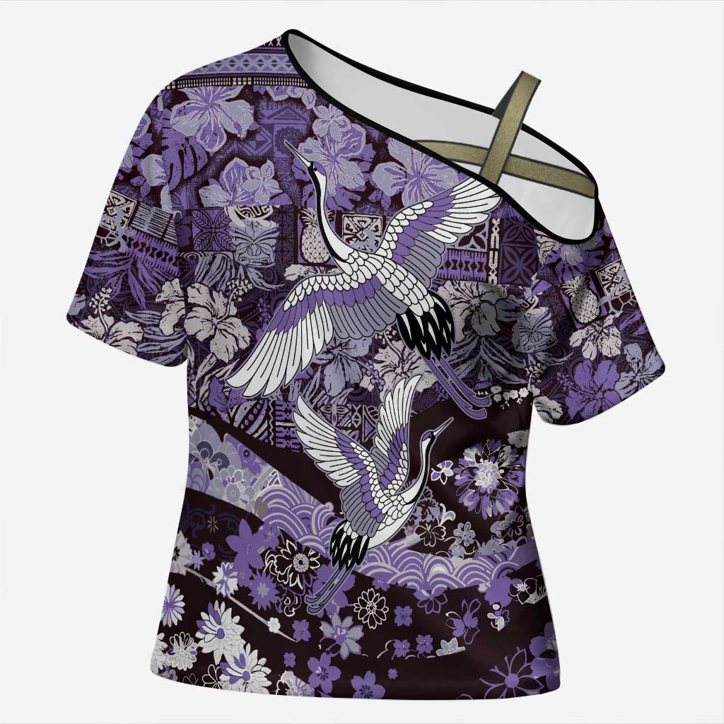 Japanese Hawaiian Crane Cross Shoulder Shirt Purple Tapa Patchwork Pattern LT9 Female Purple - Polynesian Pride