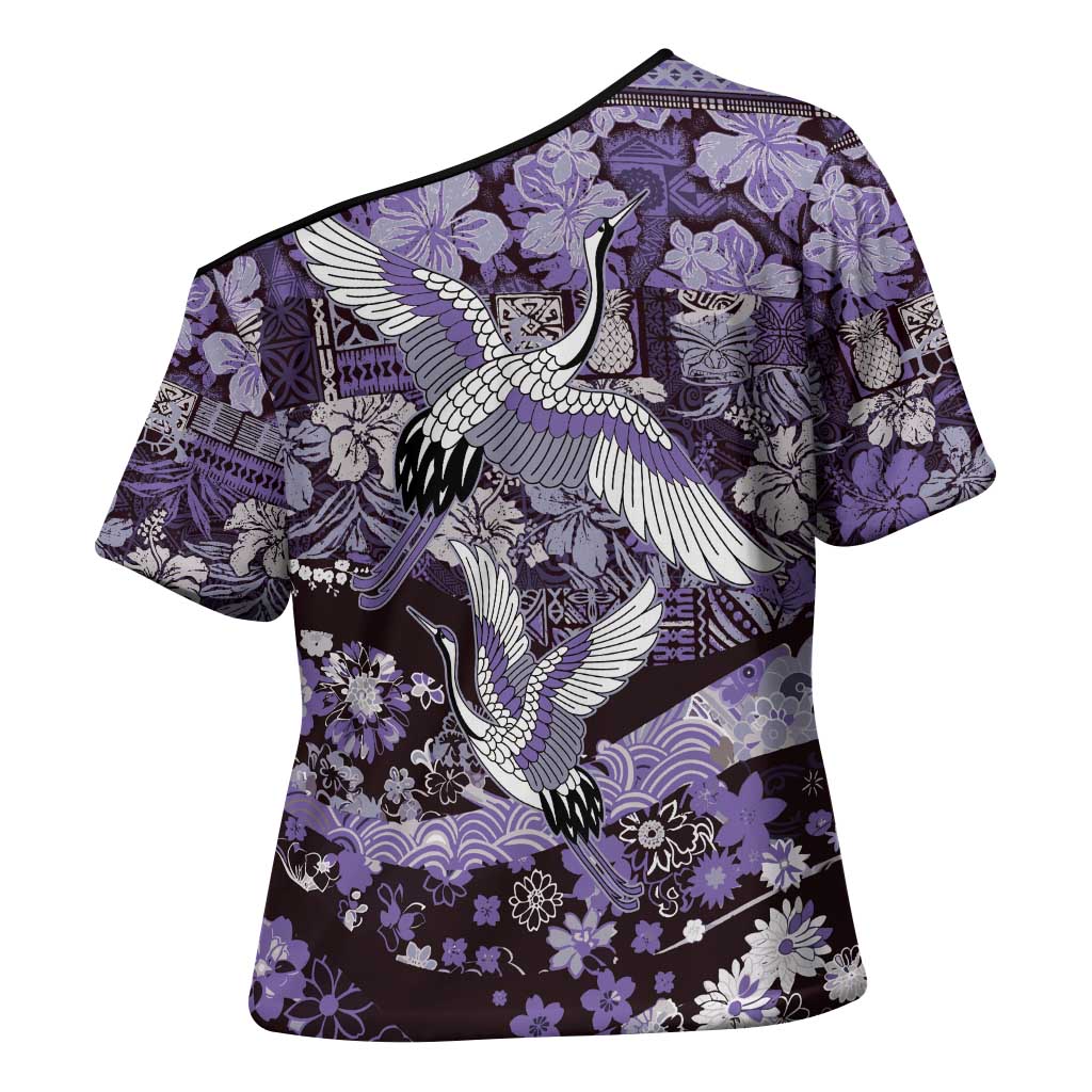 Japanese Hawaiian Crane Cross Shoulder Shirt Purple Tapa Patchwork Pattern LT9 - Polynesian Pride