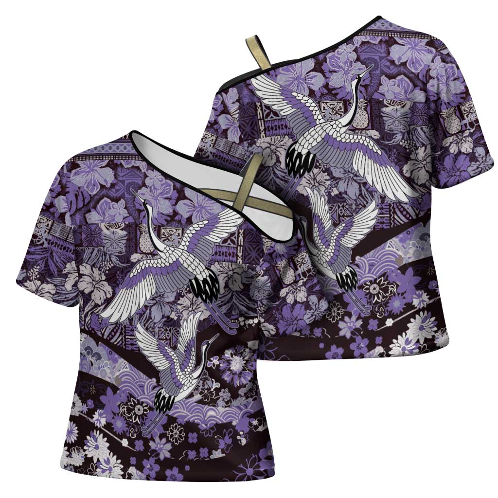 Japanese Hawaiian Crane Cross Shoulder Shirt Purple Tapa Patchwork Pattern LT9 - Polynesian Pride