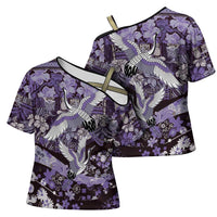 Japanese Hawaiian Crane Cross Shoulder Shirt Purple Tapa Patchwork Pattern LT9 - Polynesian Pride