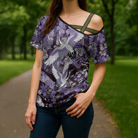 Japanese Hawaiian Crane Cross Shoulder Shirt Purple Tapa Patchwork Pattern LT9 - Polynesian Pride