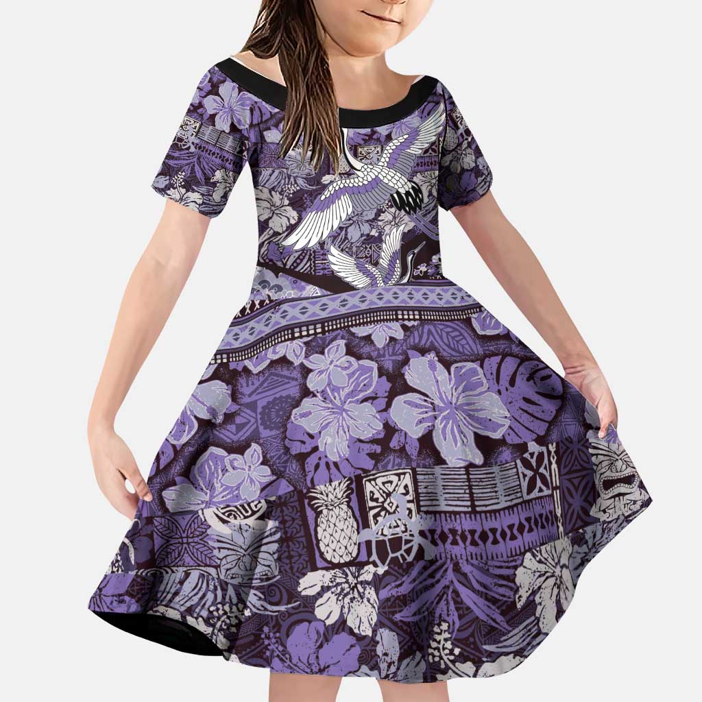 Japanese Hawaiian Crane Family Matching Off The Shoulder Long Sleeve Dress and Hawaiian Shirt Purple Tapa Patchwork Pattern