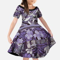 Japanese Hawaiian Crane Family Matching Off The Shoulder Long Sleeve Dress and Hawaiian Shirt Purple Tapa Patchwork Pattern