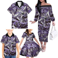 Japanese Hawaiian Crane Family Matching Off The Shoulder Long Sleeve Dress and Hawaiian Shirt Purple Tapa Patchwork Pattern