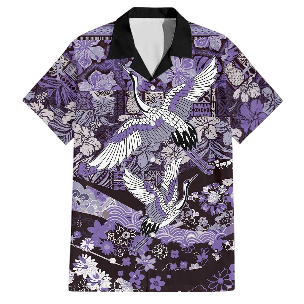 Japanese Hawaiian Crane Family Matching Off The Shoulder Long Sleeve Dress and Hawaiian Shirt Purple Tapa Patchwork Pattern